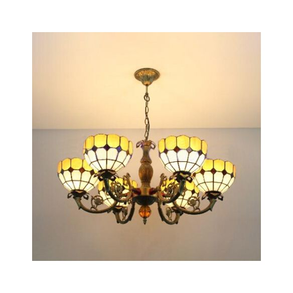 Yellow Grid Bowl Pendant Light 6 Lights Tiffany Antique Art Glass Chandelier for Hallway