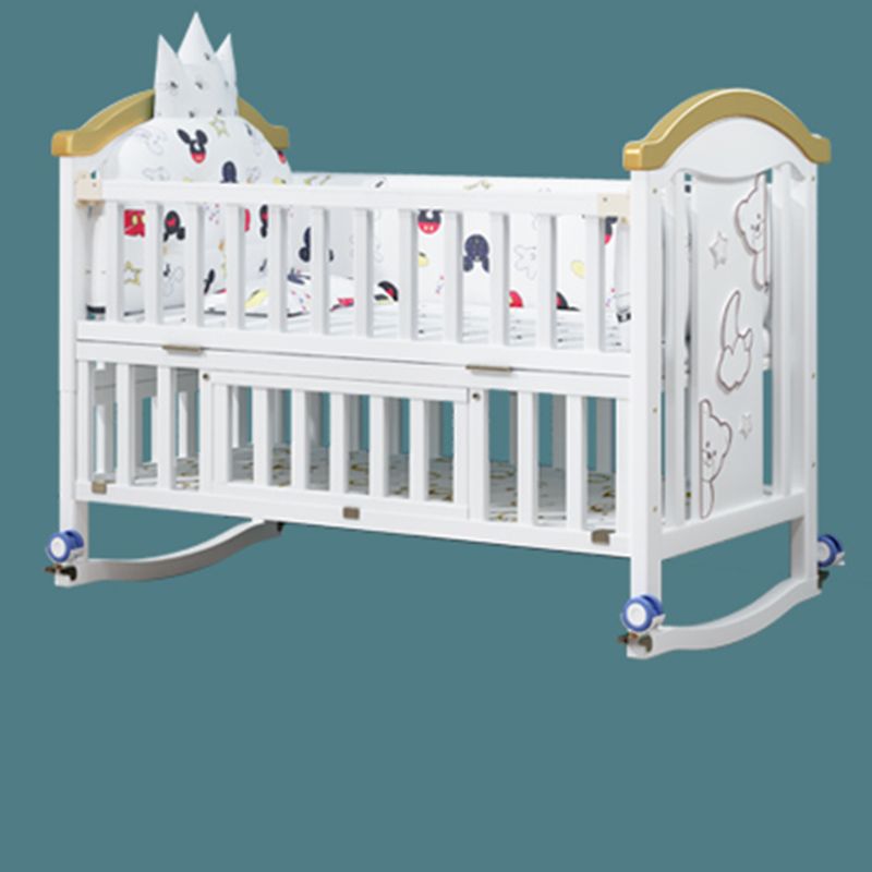 Wooden White Matching Nursery Crib Storage Arched Crib with Wheels