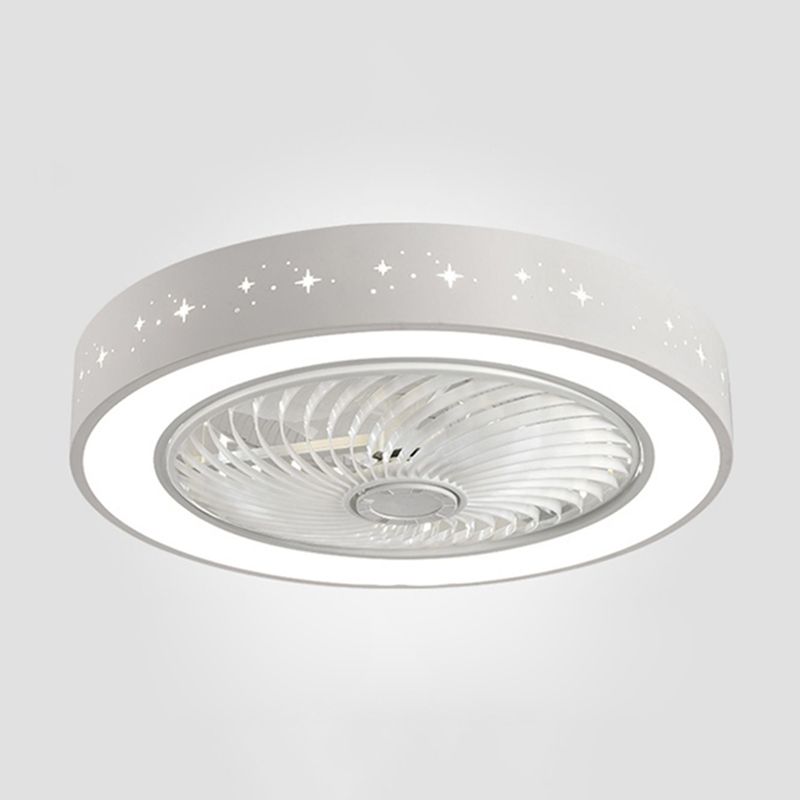 Modern Drum Shaped Fan Lamp Acrylic LED Bedroom Semi Flush Light in White with Remote