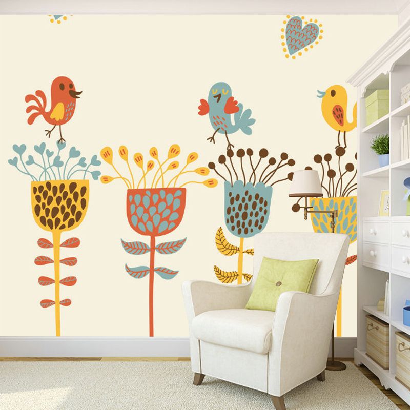 Childrens Art Baby Murals with Bird and Flower Drawing Pattern Blue-Yellow-Green Wall Decor for Home