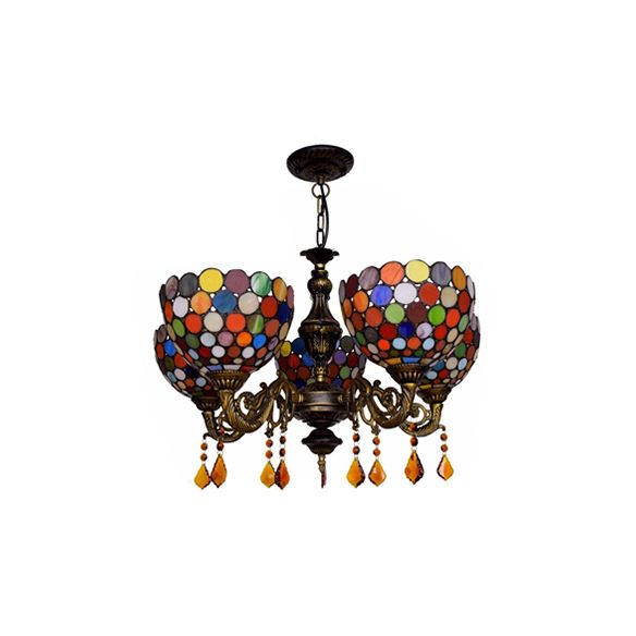 Retro Style Bowl Hanging Lamp Stained Glass 5 Heads Decorative Chandelier for Dining Room