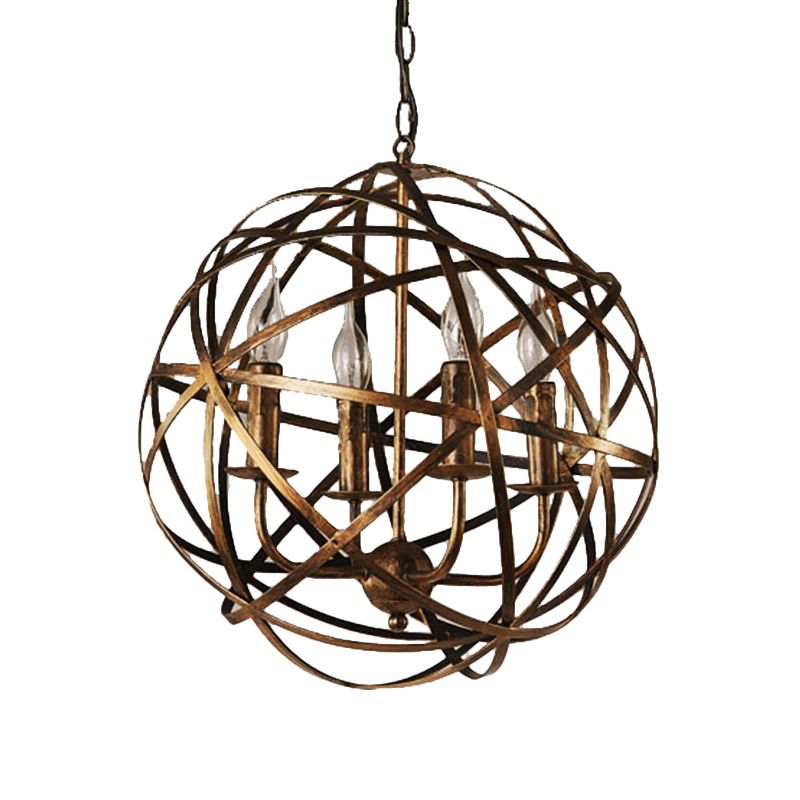 4 Lights Globe Cage Pendant Chandelier Factory Bronze Metal Ceiling Lighting Fixture for Restaurant