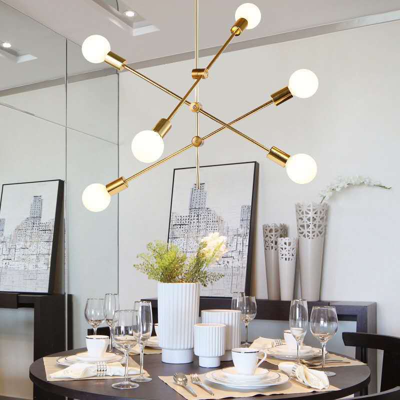 Post-modern Style Minimalist Chandelier Open Bulb Design Geometric Lines Straight Rod Hanging Light