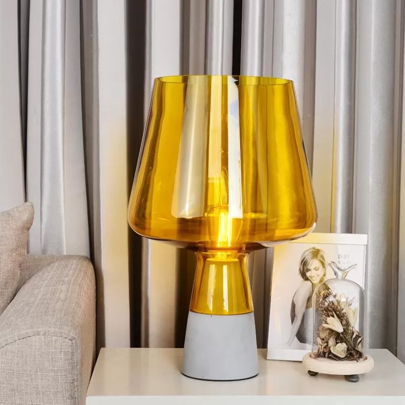 Truncated Cone Night Lighting Mid-Century Yellow/Blue Glass 1 Head Table Lamp with Open Top Design and Solid Concrete Base