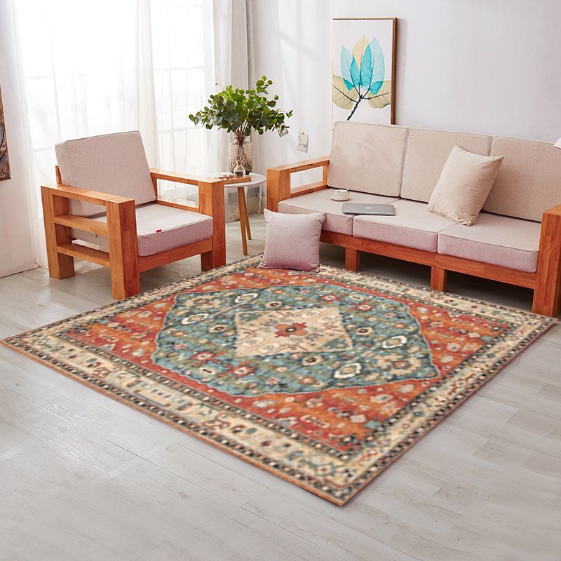 Quadratische ethnische Print Teppich mehrfarbig Retro Teppich Polyester Fleckenfeindresistent Teppich für Wohnzimmer