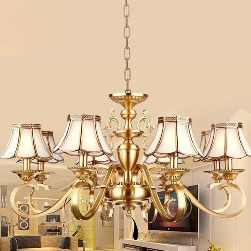 Polished Brass Scalloped Chandelier Lamp Colonial Frosted Glass 8 Lights Living Room Hanging Ceiling Light