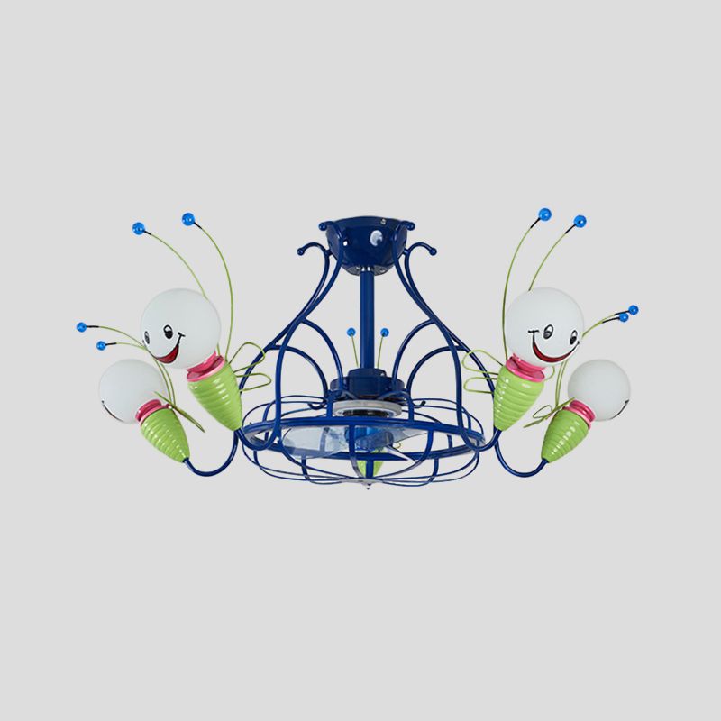 Luminaire de ventilateur de suspension radiale moderne 5 têtes Métalliques 3 lames semi-flush lampe en bleu pour chambre à coucher, 30 "de large