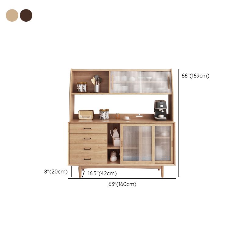 Modern 4-drawer Side Board Pine Solid Wood Buffet Table with Glass Door