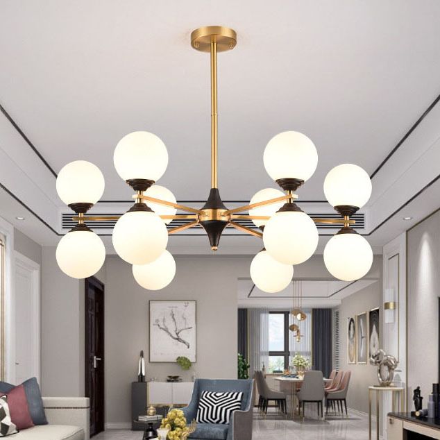 White Glass Chandelier Lighting Fixture Modern Gold Frame Chandelier Pendant Light for Living Room