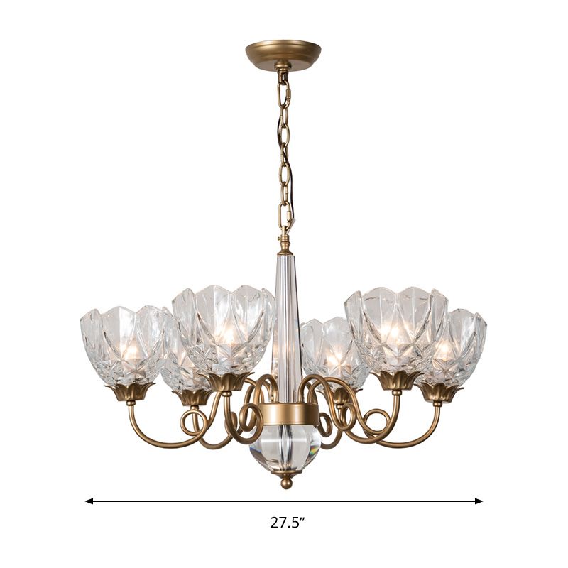 Brass Bowl Pendant Chandelier Contemporary 6 Heads Clear Glass Ceiling Hanging Light with Curved Metal Arm