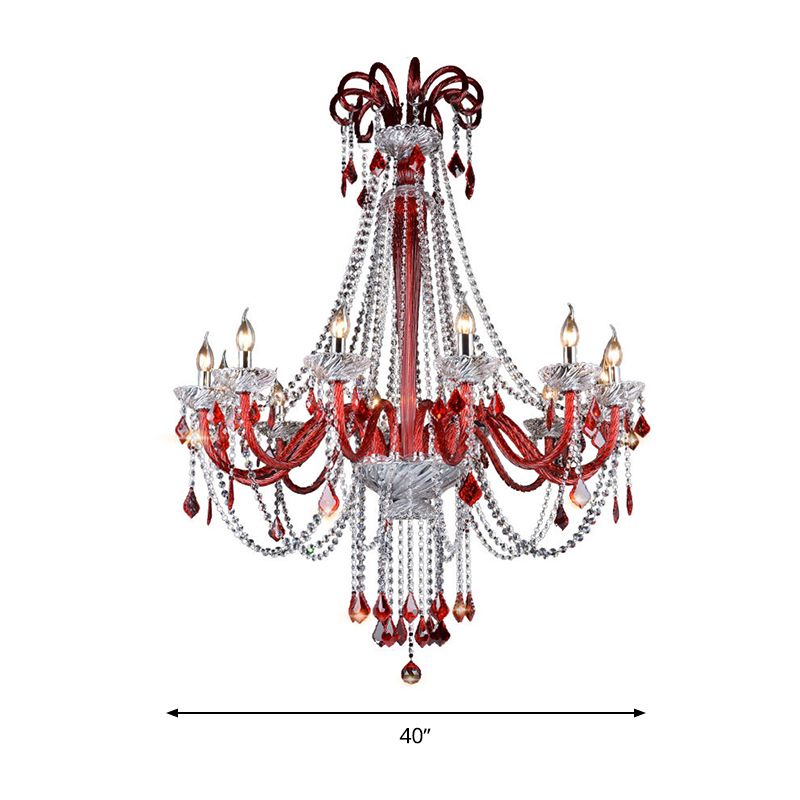 Candle Chandelier Light Fixture Modern K9 Crystal 12 Bulbs Red Ceiling Pendant Light for Balcony