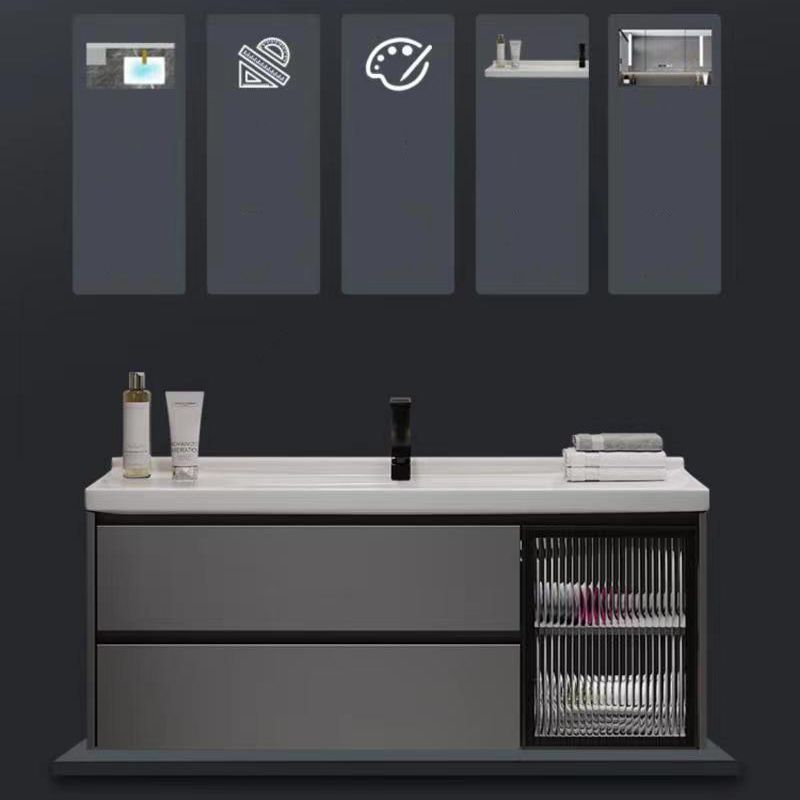 Wall Mount Bath Vanity Grey Metal Frame Mirror Single Sink Bathroom Vanity with Drawers