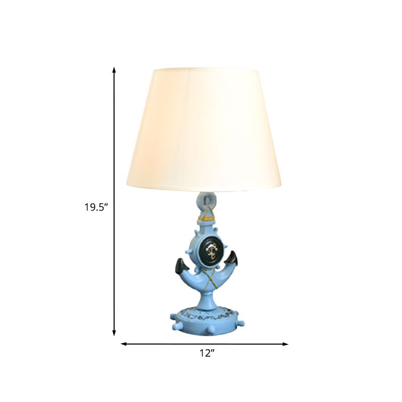 Anchor Shape Resin Night Table Light Mediterranean 1 Bulb Light Blue Desk Lamp with Barrel White Fabric Shade