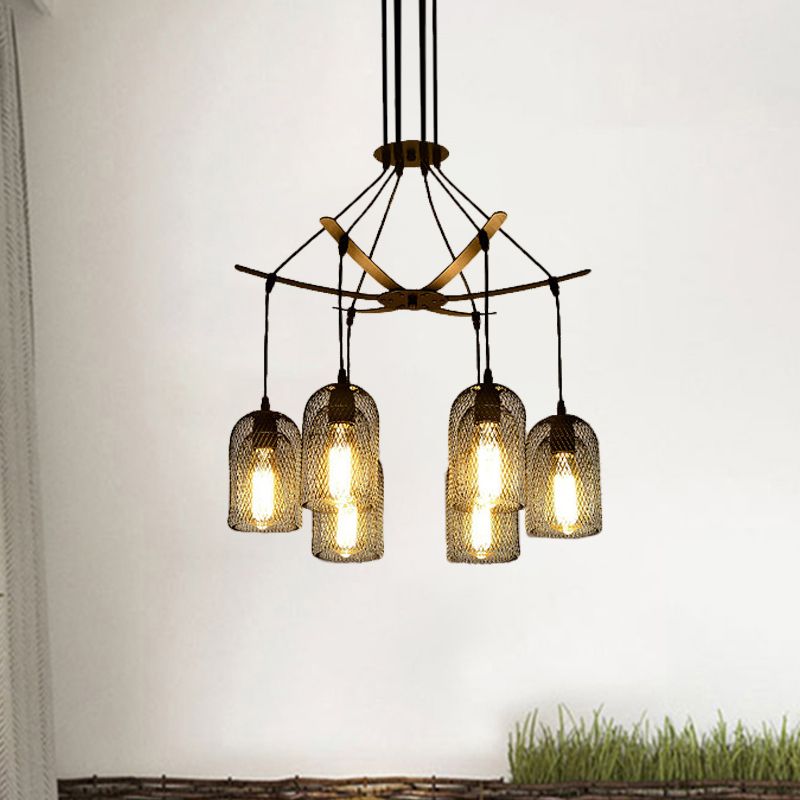 Bell Mesh Restaurant Chandelier Lighting Rustic Iron 6/12 Bulbs Black Hanging Ceiling Lamp