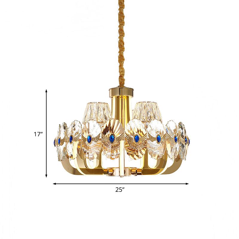 Pannello rotondo Crystal Crystal lampadario modernista 8 lampadine soggiorno Apparecchiatura del soffitto a LED in oro con tonalità cono