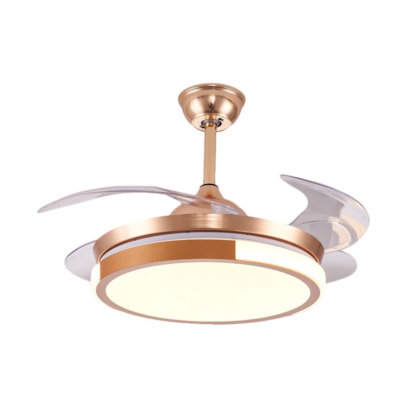 Modernist Round Hanging Fan Light Metallic Living Room LED Semi Flush Mount in Brown/White/Gold with 4 Blades, 42" Wide