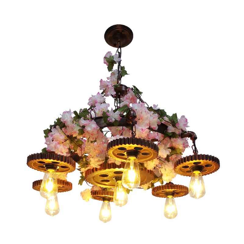 Pink 7 Glühbirnen Anhänger Kronleuchter Industrial Metall Bare Lampe Deckenhänge mit Kirschblüte