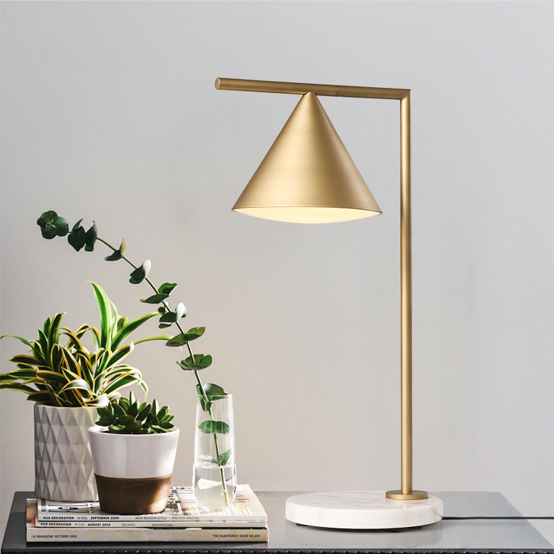 1 Head Metal Table Light Colonialist Gold Conical Bedroom Nightstand Lamp with Marble Base