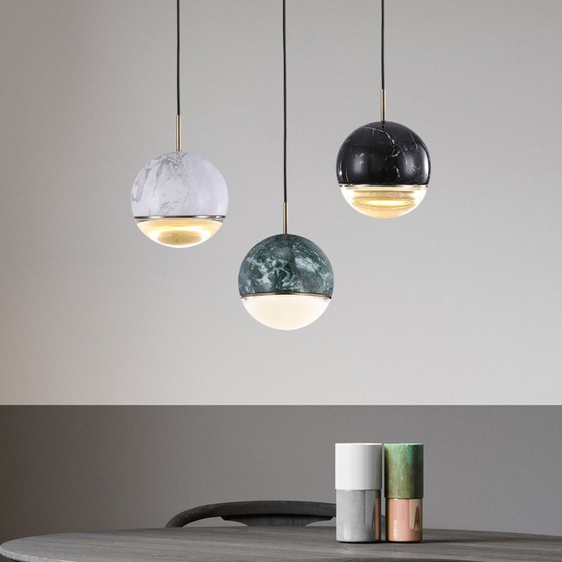 Nordic Spherical Hanging Pendant Light 4"/7" Dia LED Marble Suspension Lighting in Black/White/Green