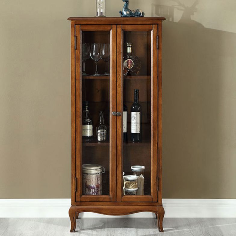 Traditional Rubberwood Display Stand Glass Doors Storage Cabinet for Dining Room