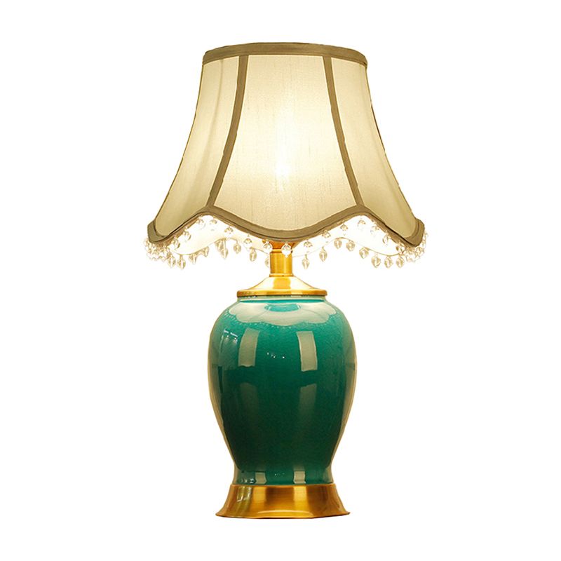 Handmade Urn Shaped Night Light Modern Ceramic 1-Bulb Green/Light Green Table Lamp with Scalloped/Flared/Tapered Fabric Shade