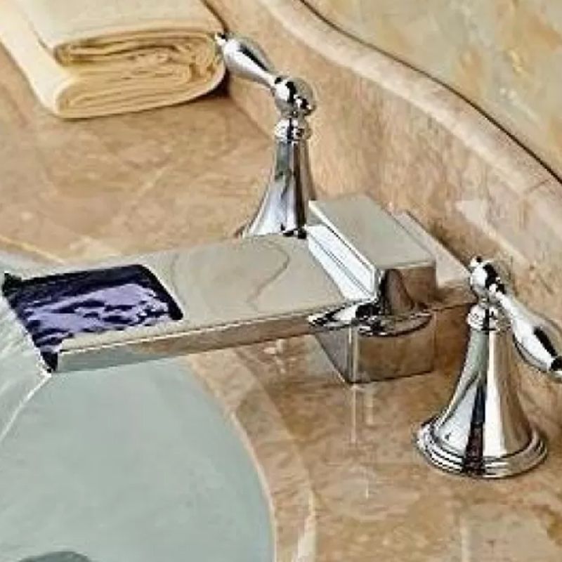 LED Widespread Lavatory Faucet Double Handle Bathroom Faucet Waterfall Spout Faucet