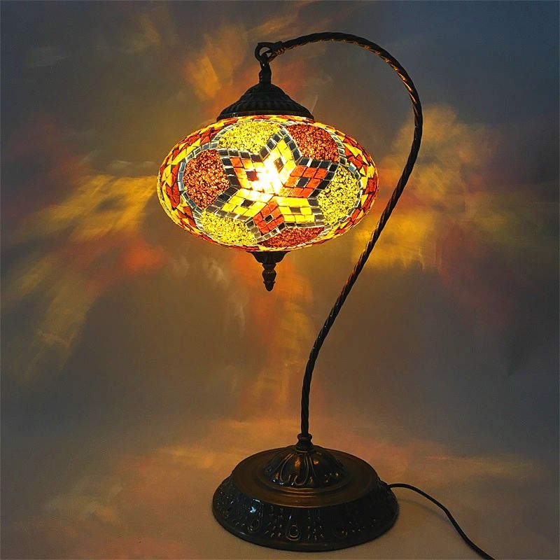 Decorative Oblong Night Light Single Head Stained Art Glass Table Lamp with Curved Arm in Yellow/Blue/Green