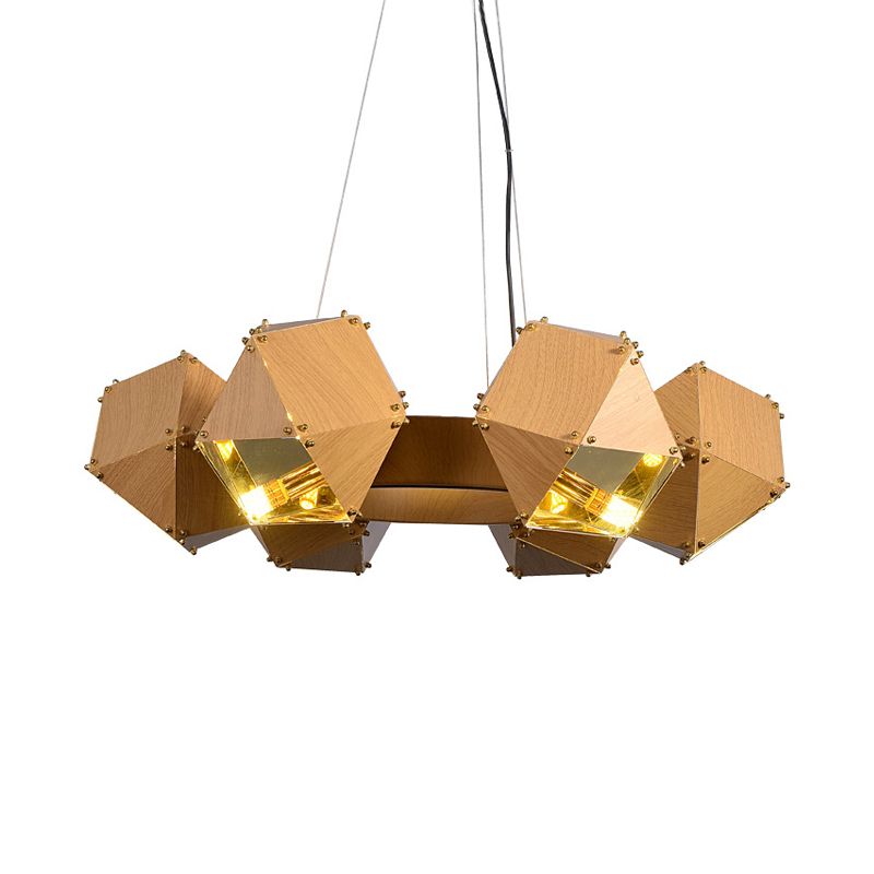 Polyhedron Restaurant Chandelier Metallic 6 Heads Modernist Ceiling Pendant Lamp in Dark Wood