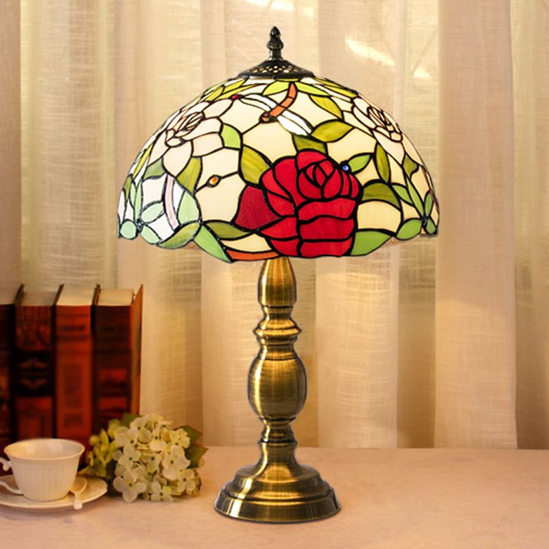 Brass 1 Light Night Lamp Traditional Green Glass Dome Task Lighting with Rose and Dragonfly Pattern