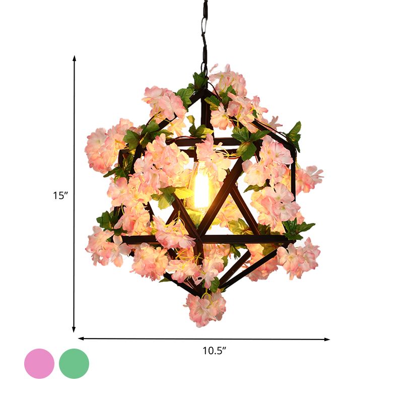 10.5 "/15" W 1 cabezal de techo de metal de metal antiguo rosa/verde restaurante geométrico liderado con iluminación con planta/flor de cerezo