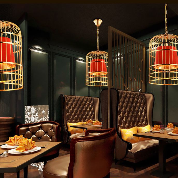 Gold Cage Shade Pendant Lighting New Chinese Style Retro 1 Light Restaurant Hanging Lamp