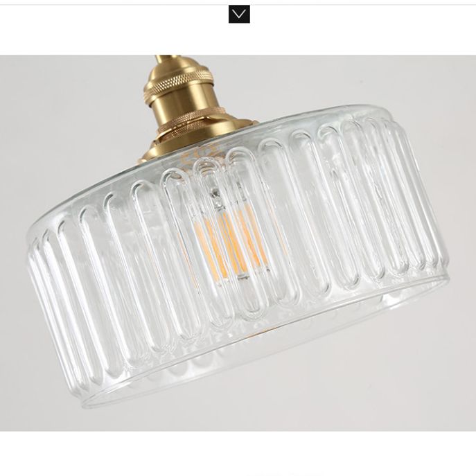 Vintage 1 Light Pendant  Lamp Clear Ribbed Glass Drum Pendant Lighting  for Living Room