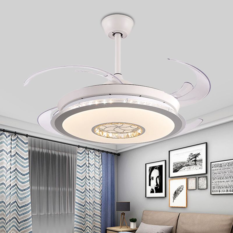 48" W LED Circle Semi Flush Lighting Modernism White Acrylic 4 Clear Blades Ceiling Pendant Fan Lamp for Bedroom