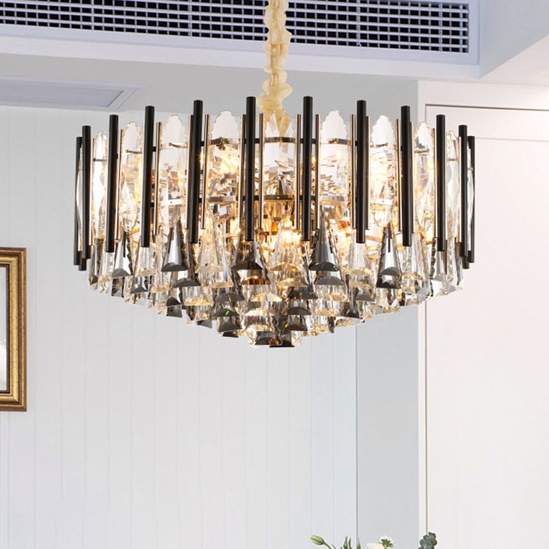 12 Heads Tapered Chandelier Light Modern Clear Crystal Triangular Drops Ceiling Suspension Lamp with Black Tubes