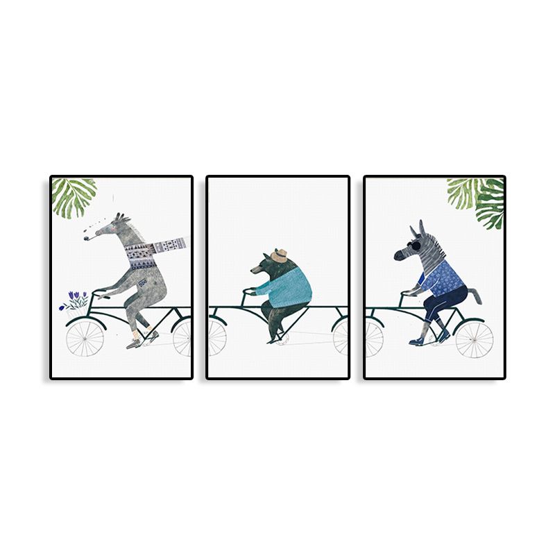 Animals Riding Bicycle Canvas Textured Cartoon Childrens Room Wall Art, Multi-Piece