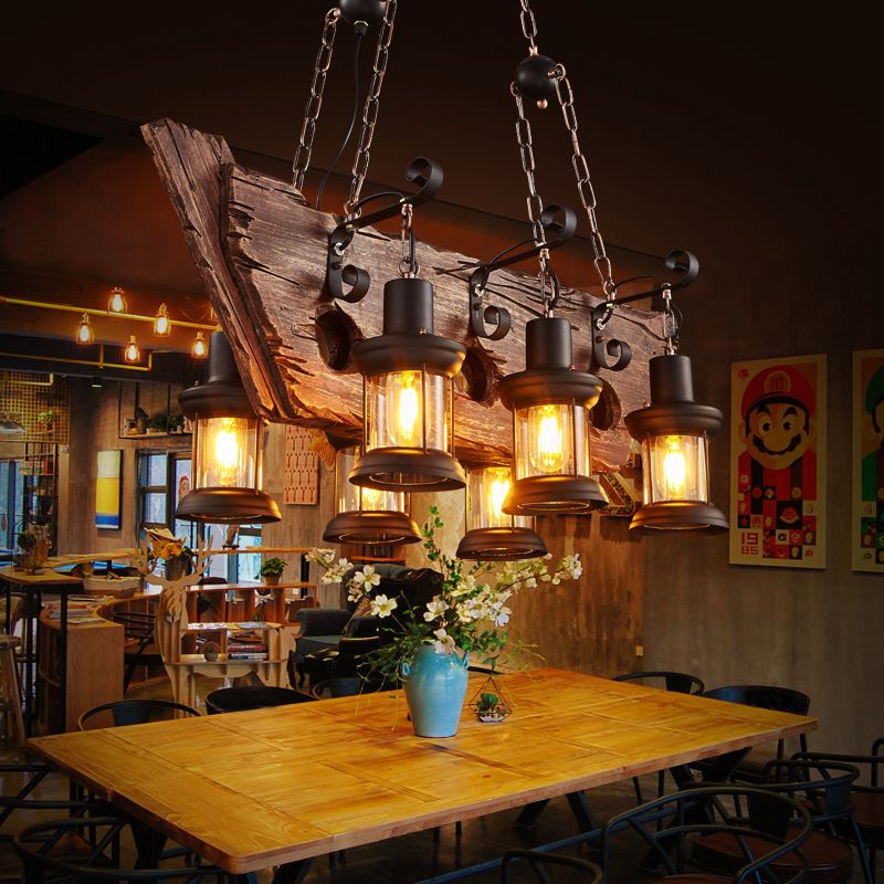 Nautical Style Solid Wood Chandelier Kerosene Lamp Styling Retro Hanging Light with 19.6" Adjustable Suspension Chain