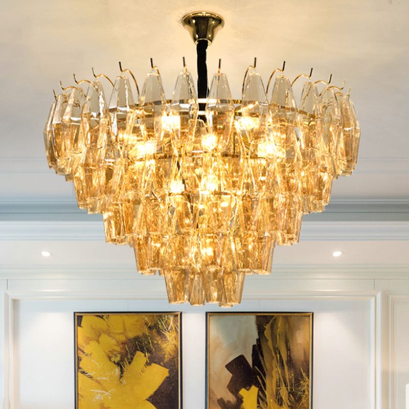 Cone Hanging Ceiling Light Modern Amber Glass 7/9 Heads Living Room Chandelier Lighting Fixture