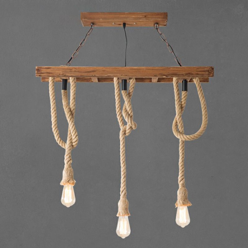 Naked Bulb Roped Pendant Light Fixture Rustic Restaurant Suspension Lamp in Light Brown