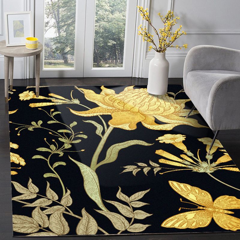 Black and Yellow Vintage Rug Polyester Floral and Leaf Pattern Rug Washable Non-Slip Backing Carpet for Living Room