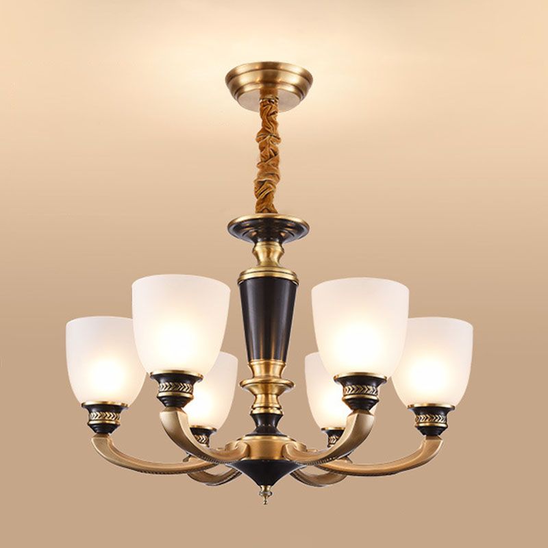 Simplicity Chandelier Lamp Brass Bowl Suspension Lighting Fixture with White Frosted Glass Shad