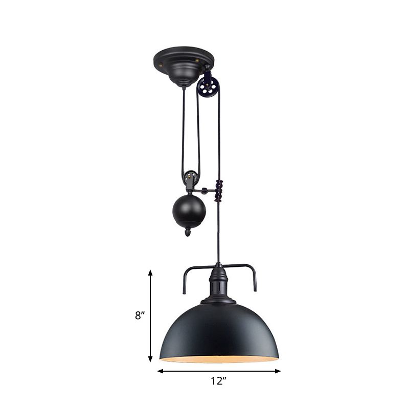 Black Dome Hanging Lighting Warehouse Style 1 Light Metallic Pendant Light Fixture with Pulley Design, 8"/12" Wide