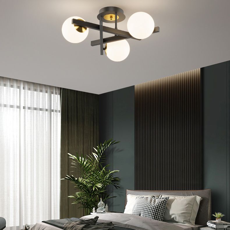 Round-Shape Semi Flush Mount Light Fixture Glass White Semi Flush Chandelier for Bedroom