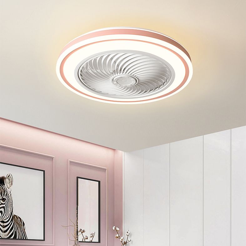 Remote Control Round Ceiling Fan Light Fixture Macaron Metal LED Semi Flush Mount Lamp for Bedroom