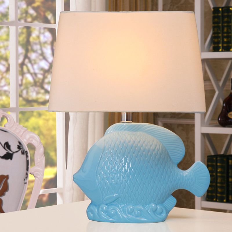 Ceramic Blue Table Lighting Tropical Fish Single-Bulb Rural Night Stand Light with Rectangle Fabric Lampshade