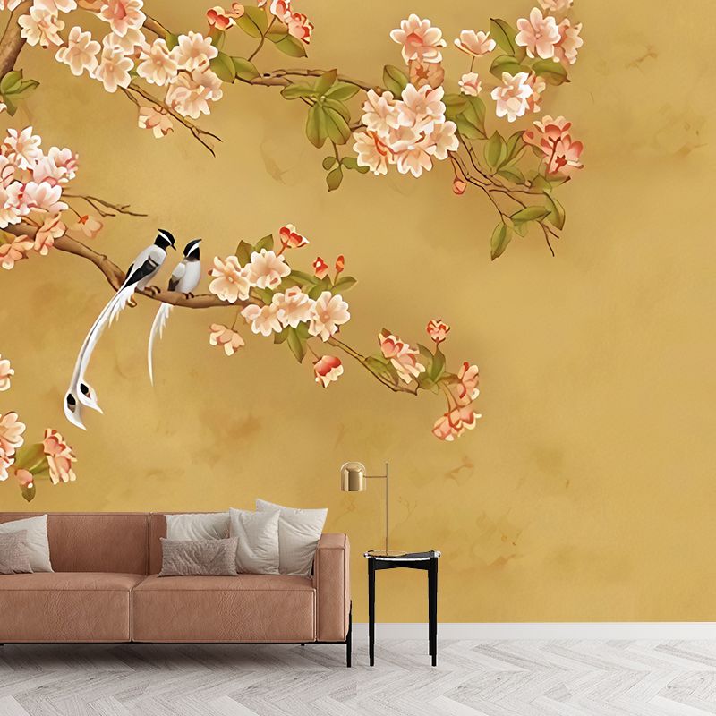 Illustration Magnolia Mural Wallpaper for Living Room, Full Size Wall Art in Yellow and Pink