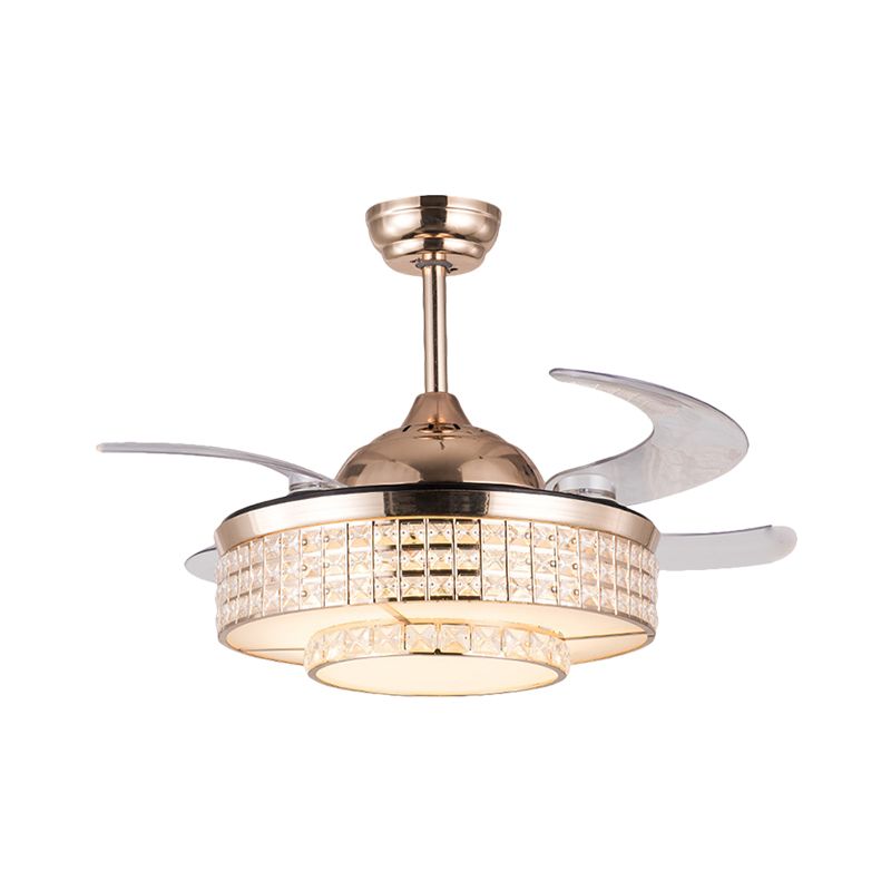 Acrylic Round Semi Mount Lighting Modernist 19" Wide LED Ceiling Fan Light with Crystal Deco in Rose Gold, 4-Blade