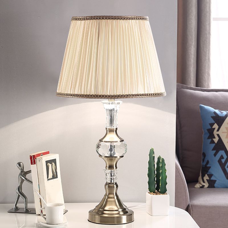 1 Head Drum/Barrel Shaded Table Light Traditional Beige Clear Beveled Crystal Night Stand Lamp