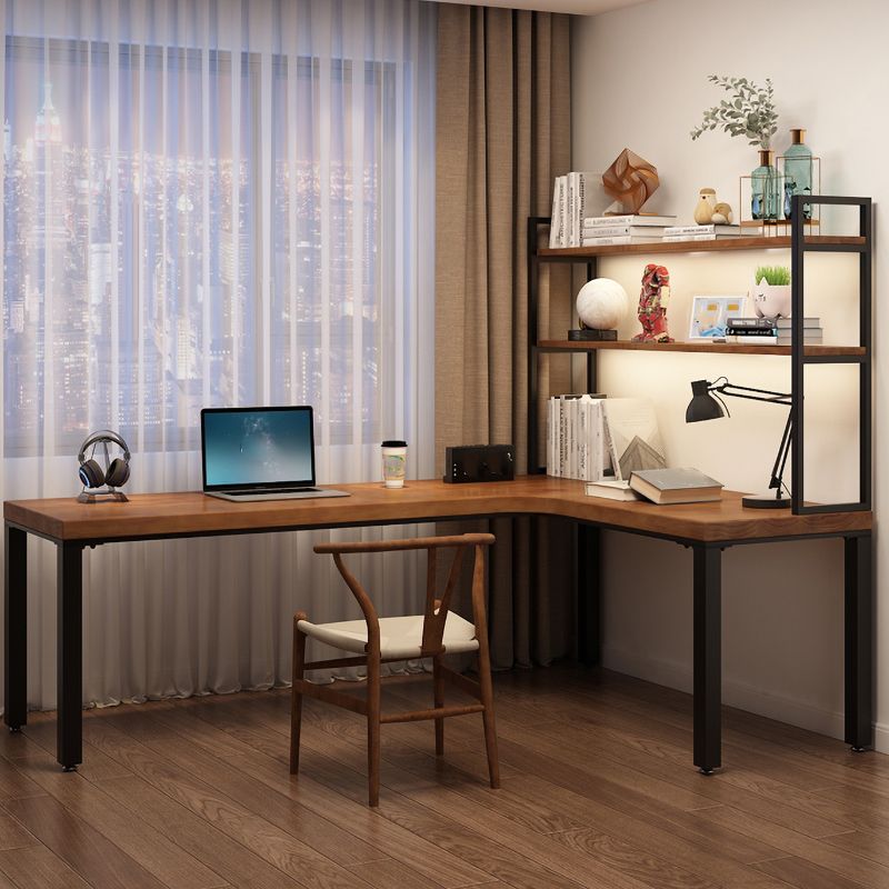 L-Shaped Office Laptop Table Wood Writing Desk in Brown with 5-Legs