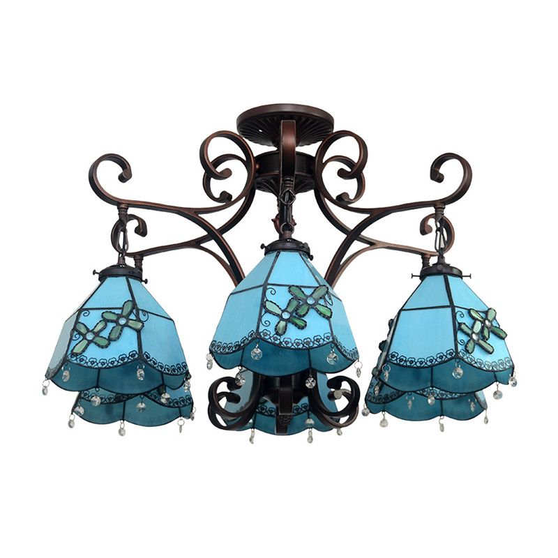 Flower Hanging Chandelier Baroque Hand Cut Glass 6 Lights Blue/Textured Silver Ceiling Lamp for Living Room