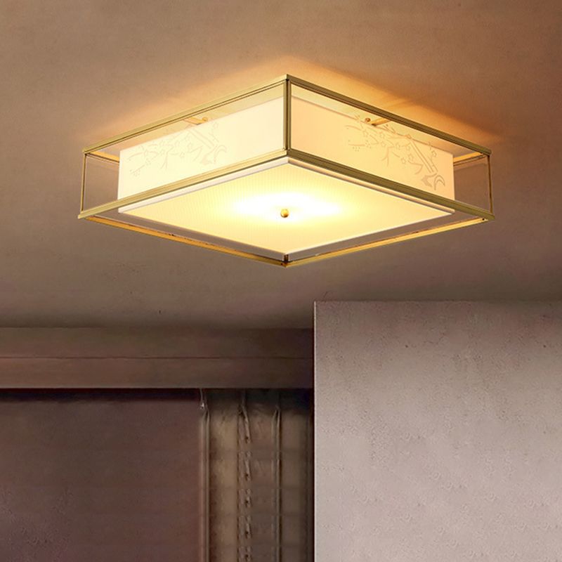 Fabric Square Shape Flush Mount Light Modern 3 Lights Flush Mounted Light Fixture in Gold